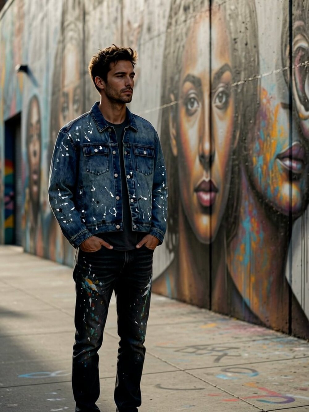 WeSC Men Blue Paint Splatter Classic Casual Denim Jacket Gallery Mural Wall US M